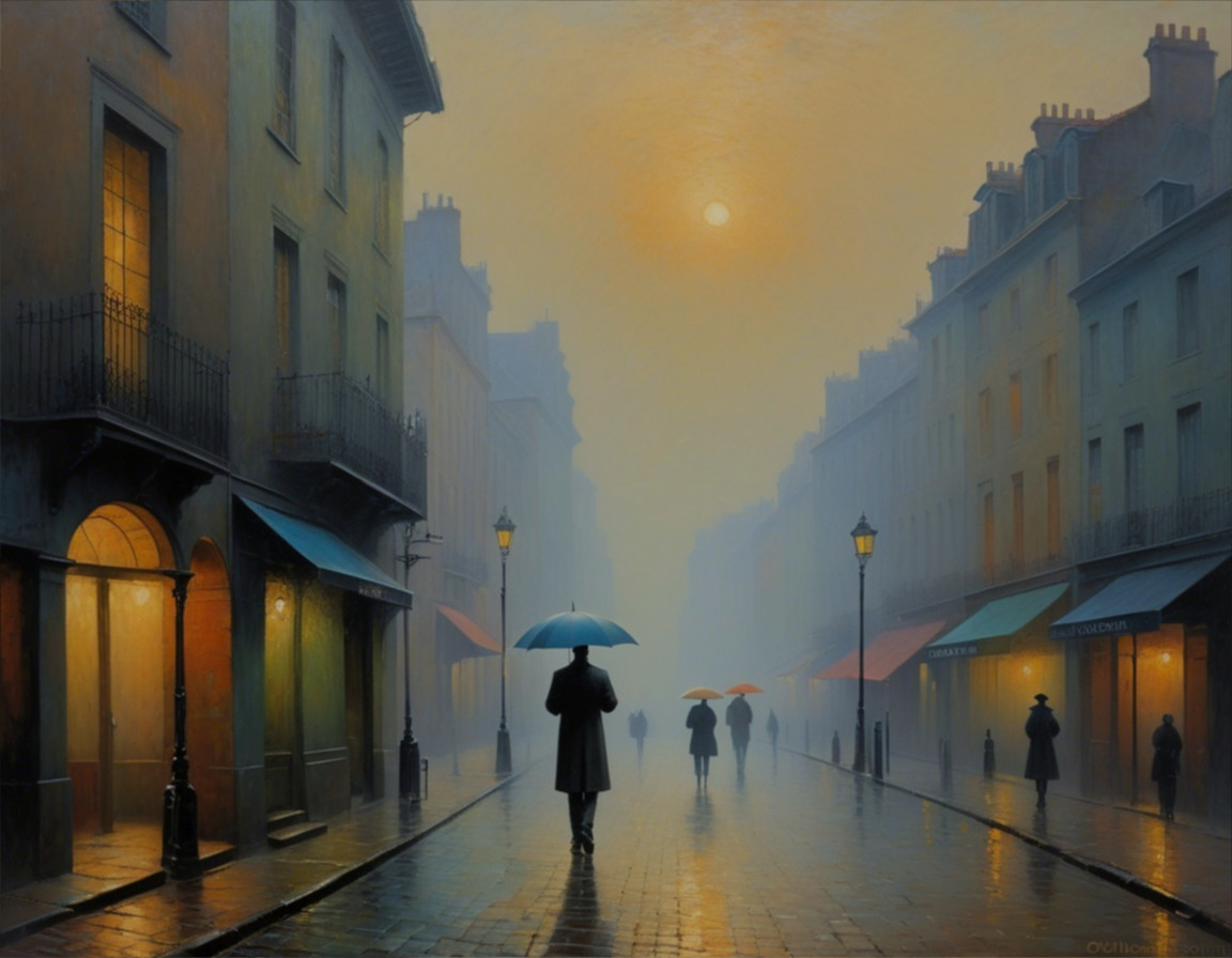 Misty Urban Scene with Strolling Figures and Lampposts