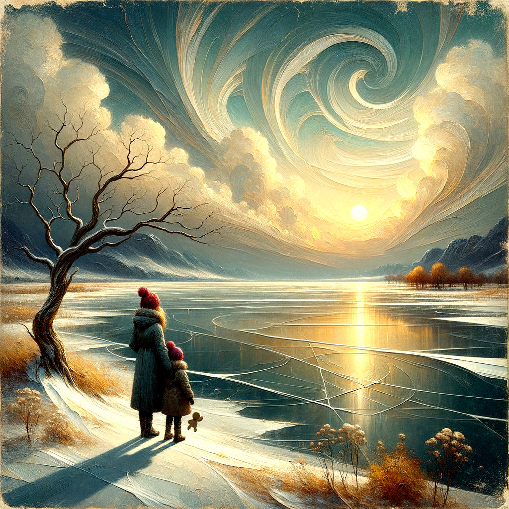 Winter Landscape with Woman and Child by Frozen Lake