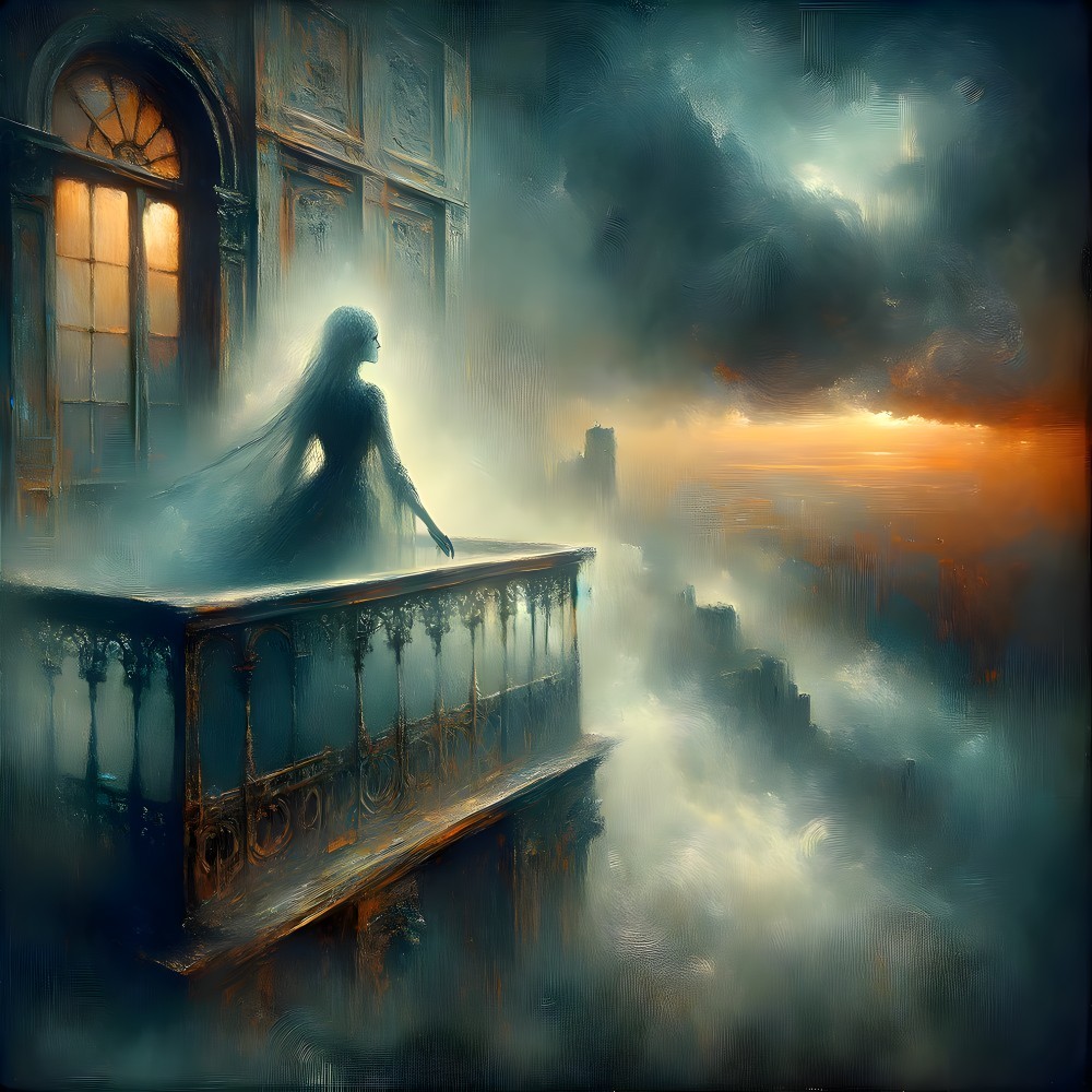 Mysterious Figure on Balcony with Ethereal Landscape