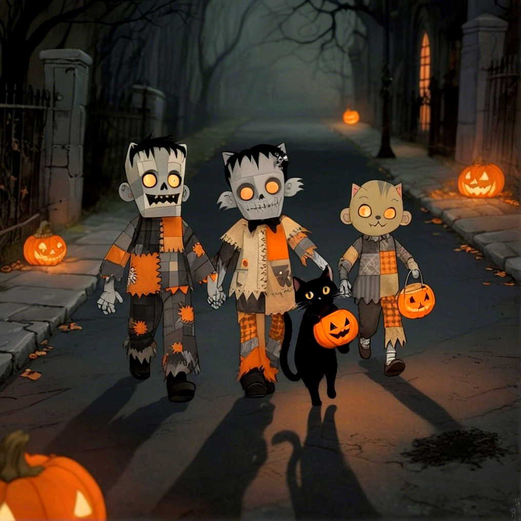 Children in Patchwork Costumes on a Foggy Halloween Street