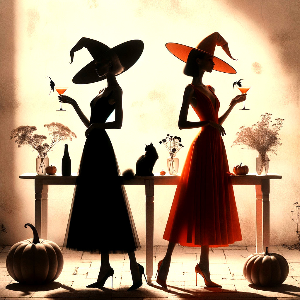 Silhouetted Women in Witch Attire with Autumn Decor