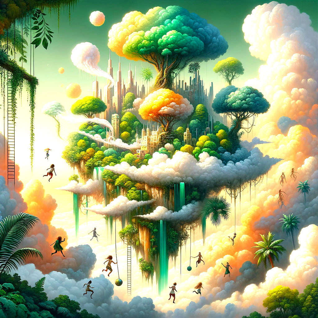 Floating Landscape with Vibrant Trees and Waterfalls