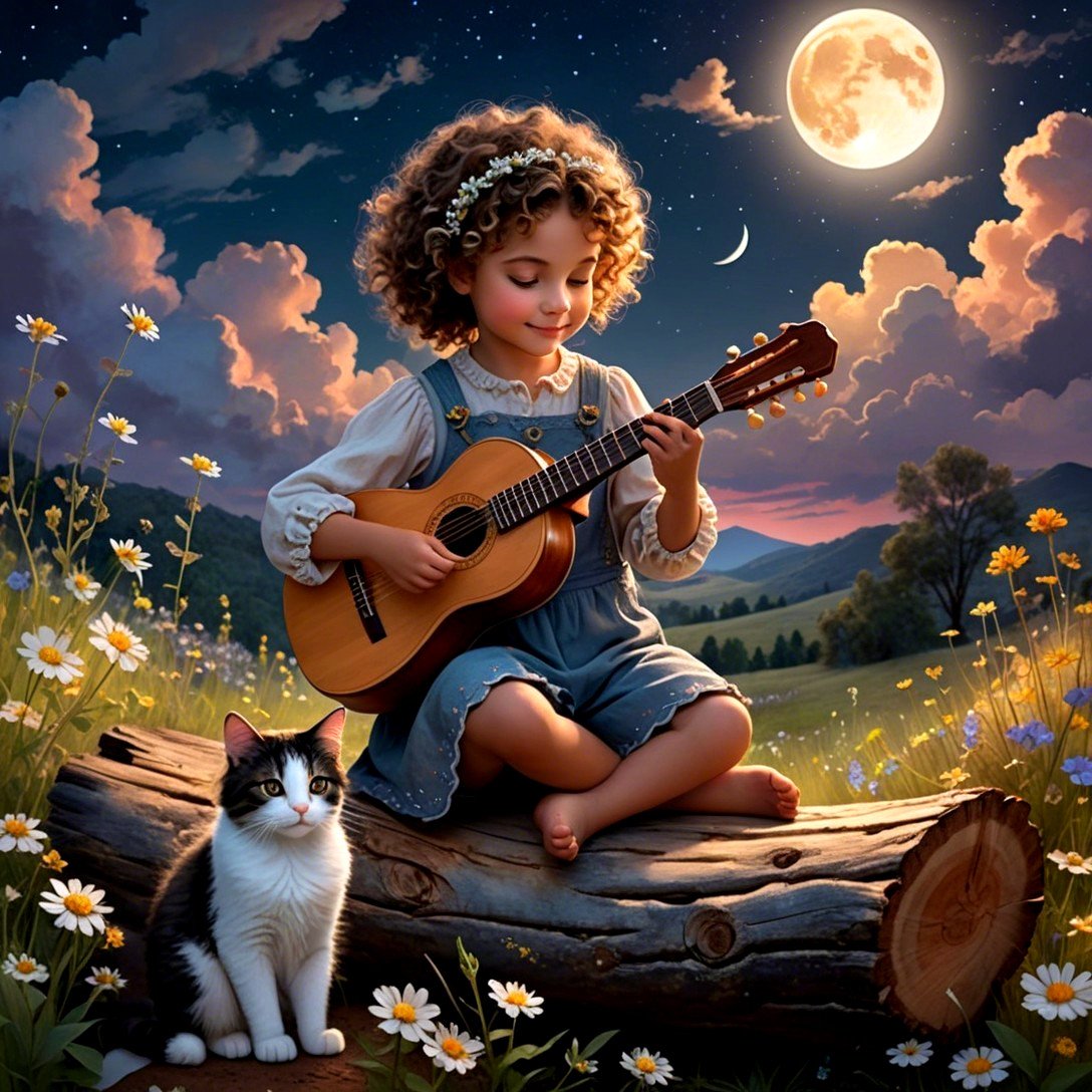 Digital Painting of Child with Guitar and Cat Under Moon