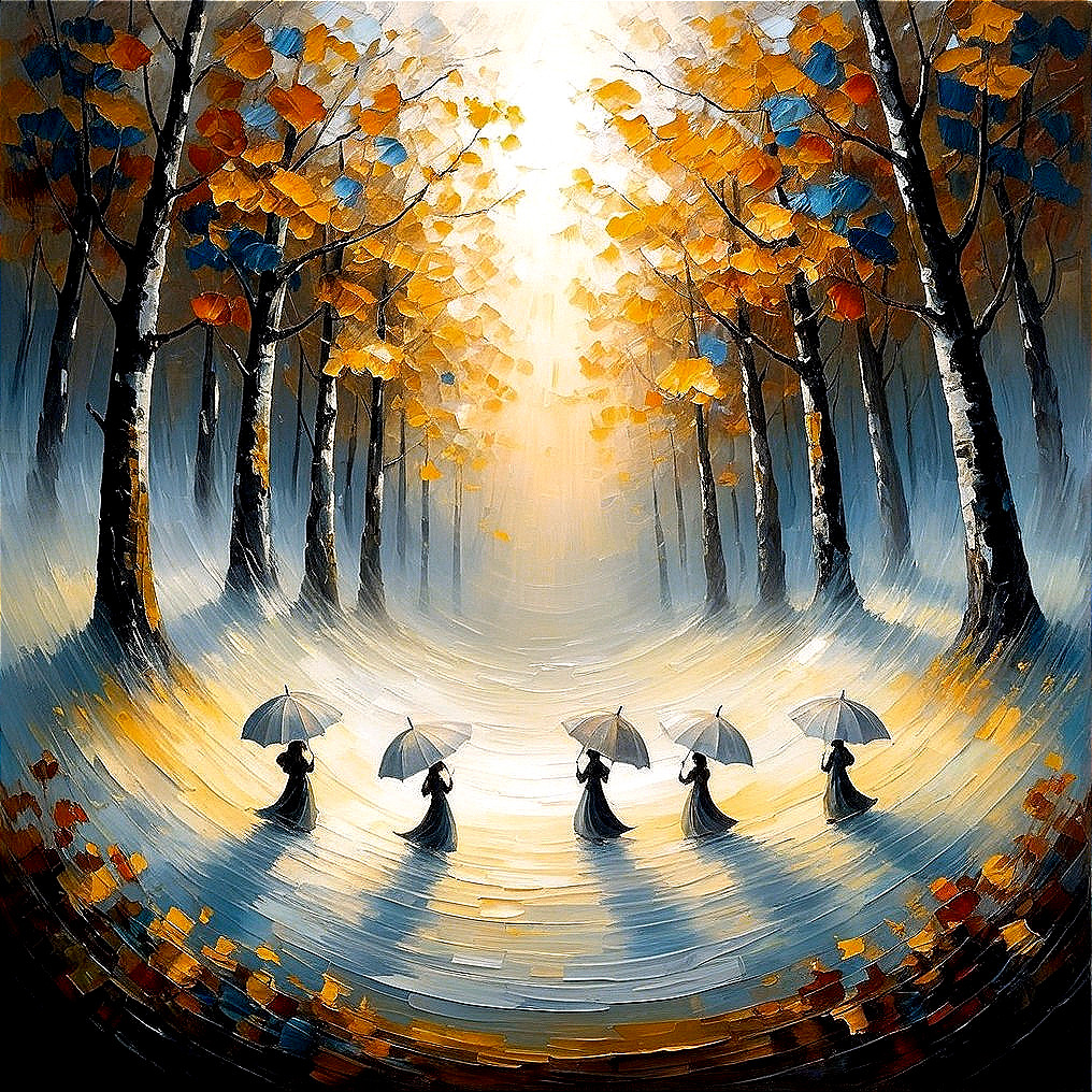 Autumn Scene with Figures in Flowing Dresses and Umbrellas