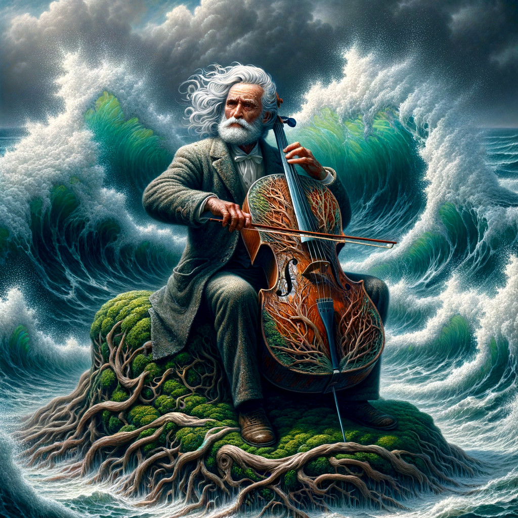 Elderly Man Playing Cello on Mossy Rock Amid Waves