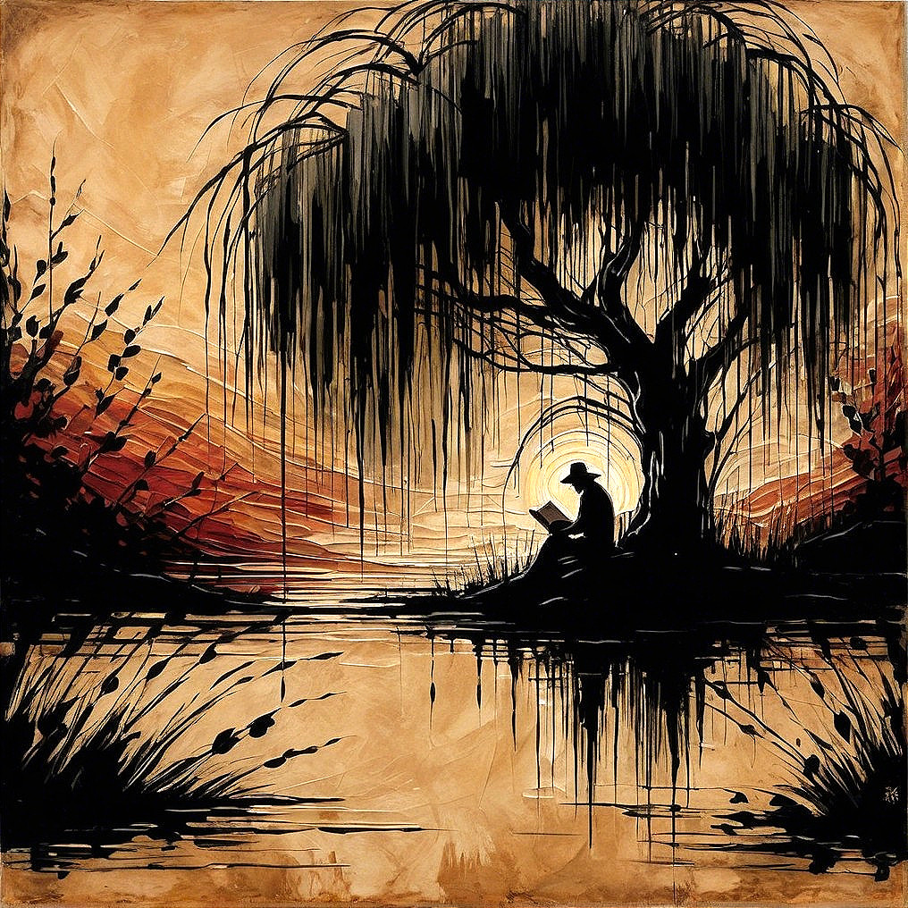 Silhouetted Figure Reading Under a Willow Tree at Sunset