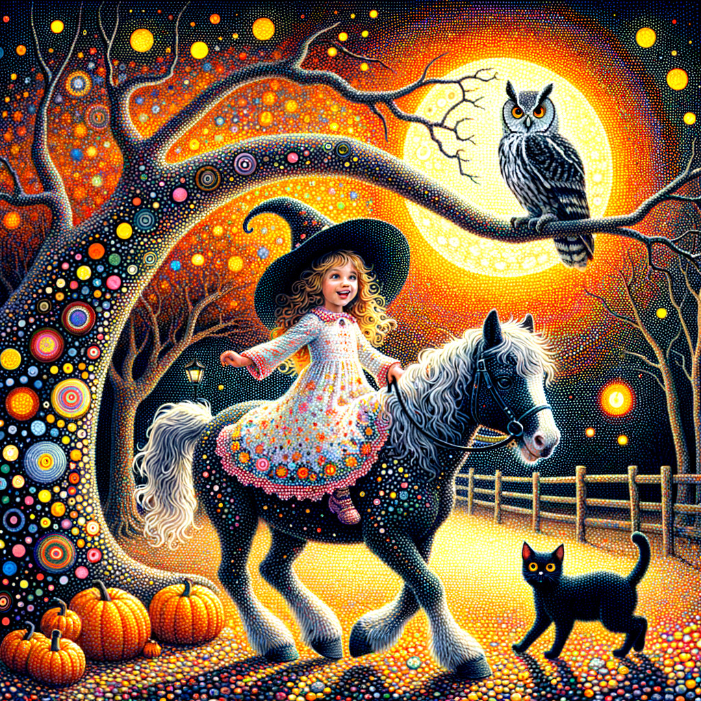 Whimsical Scene of Girl on Horse Under Full Moon
