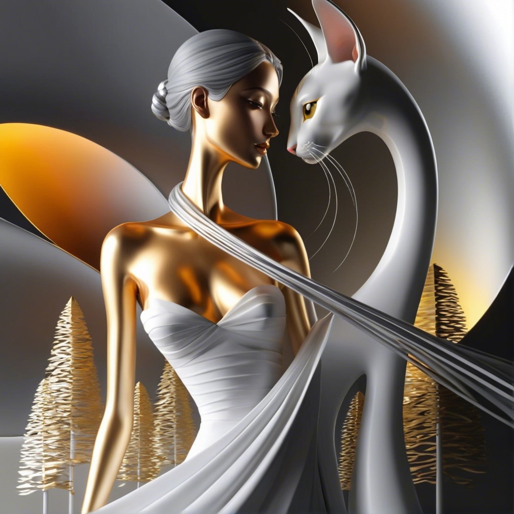 Graceful figure in white gown with majestic white cat