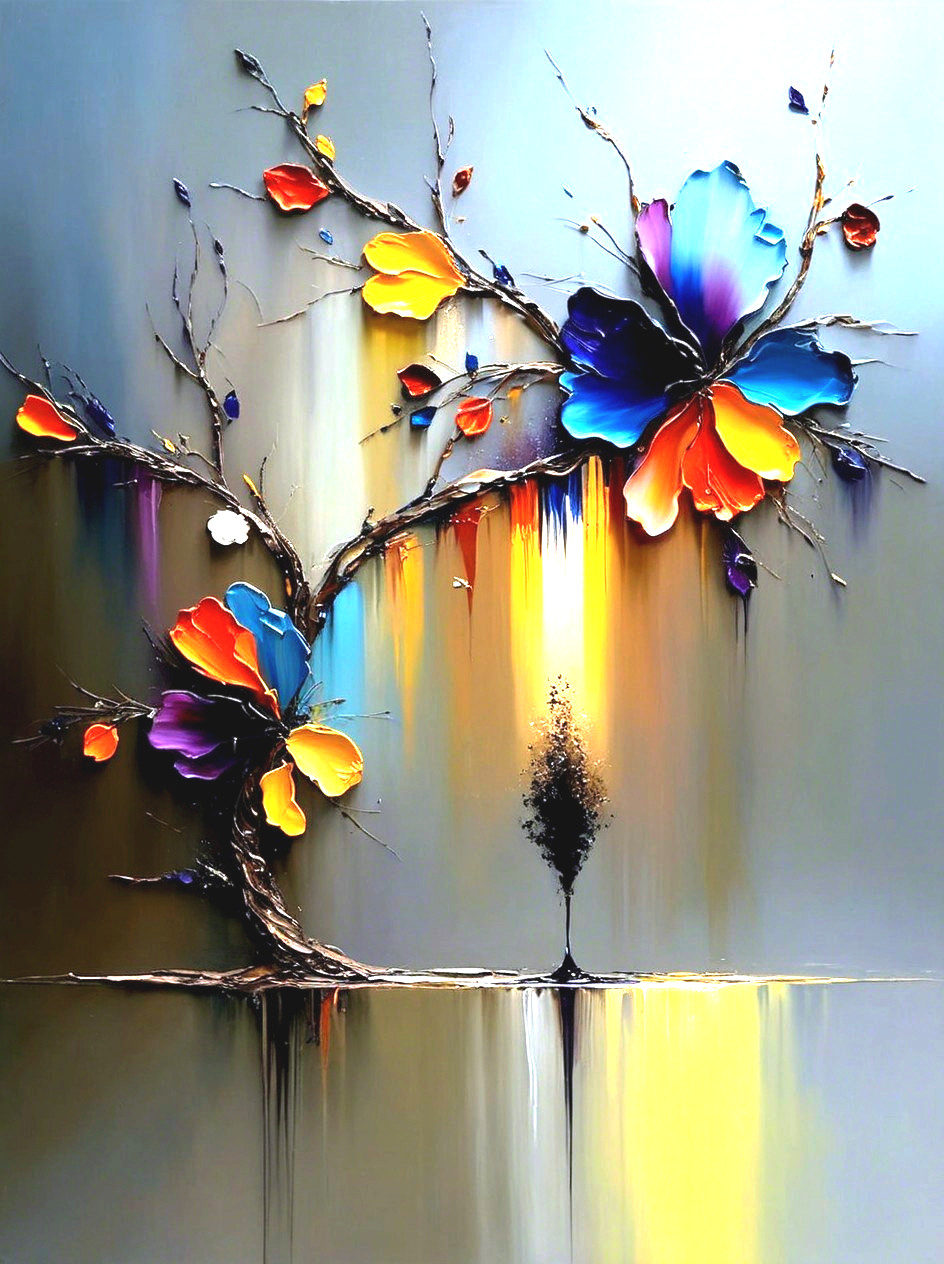 Impasto Oil Painting of Multicolored Flowers and Tree