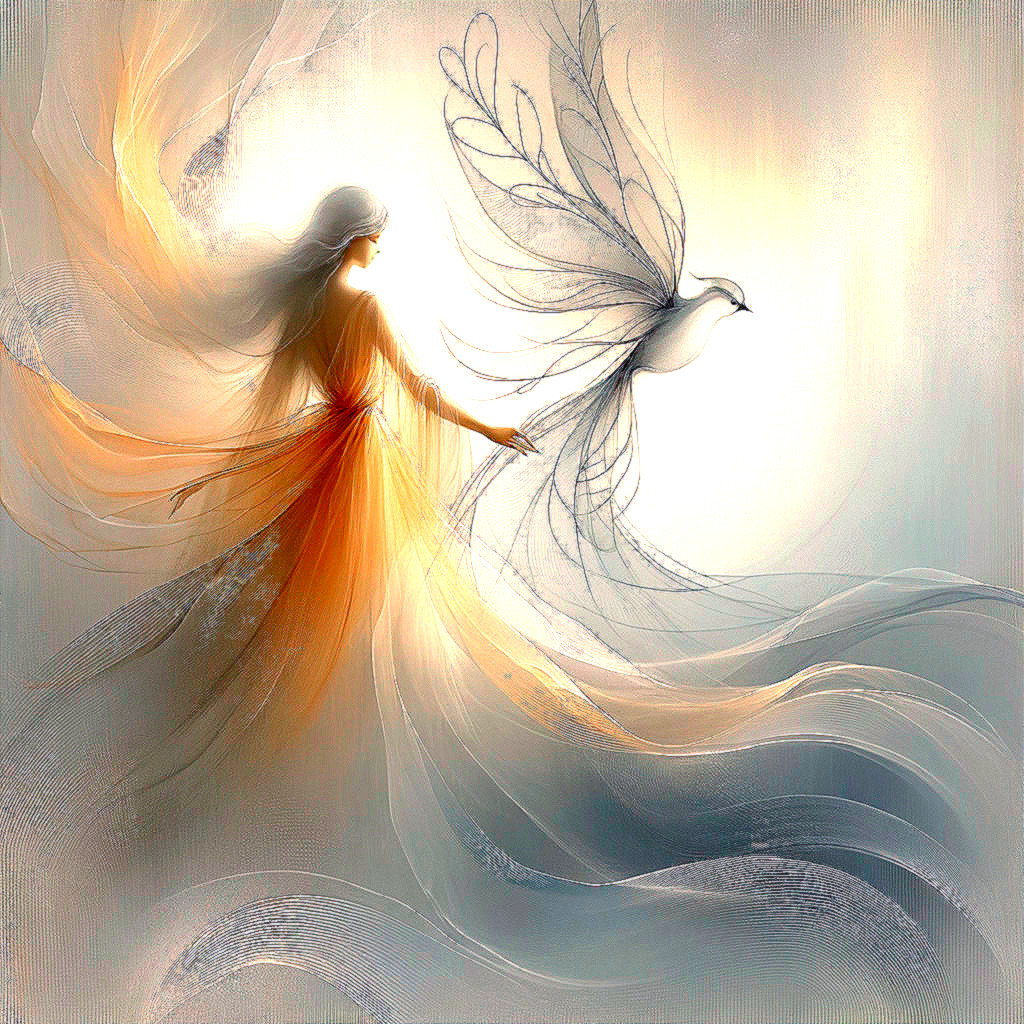 Ethereal Figure with Bird in Dreamlike Pastel Scene