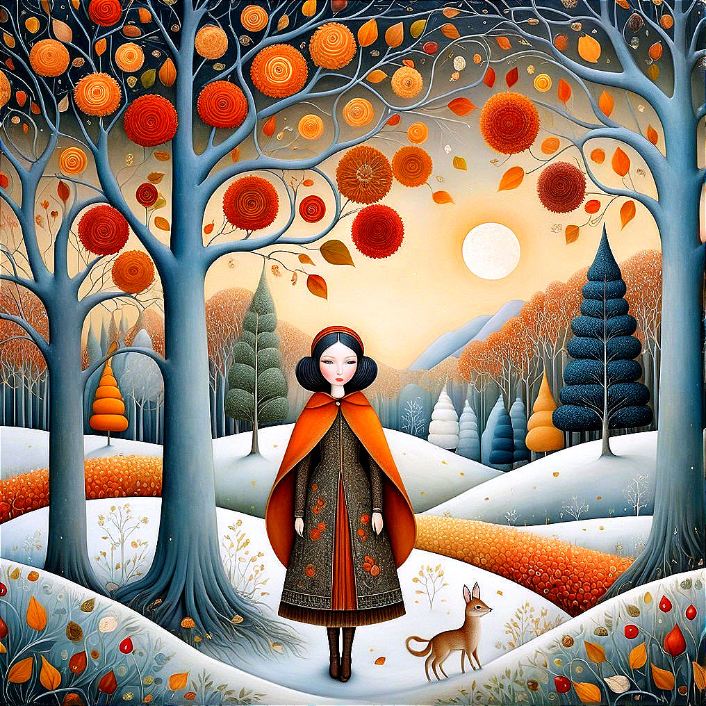 Whimsical Autumn Landscape with Girl and Fox