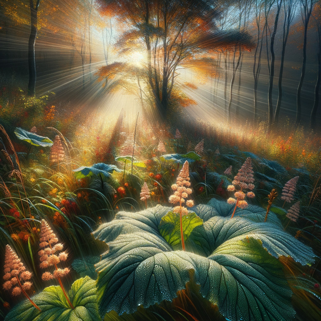 Serene forest scene with golden sunlight and greenery