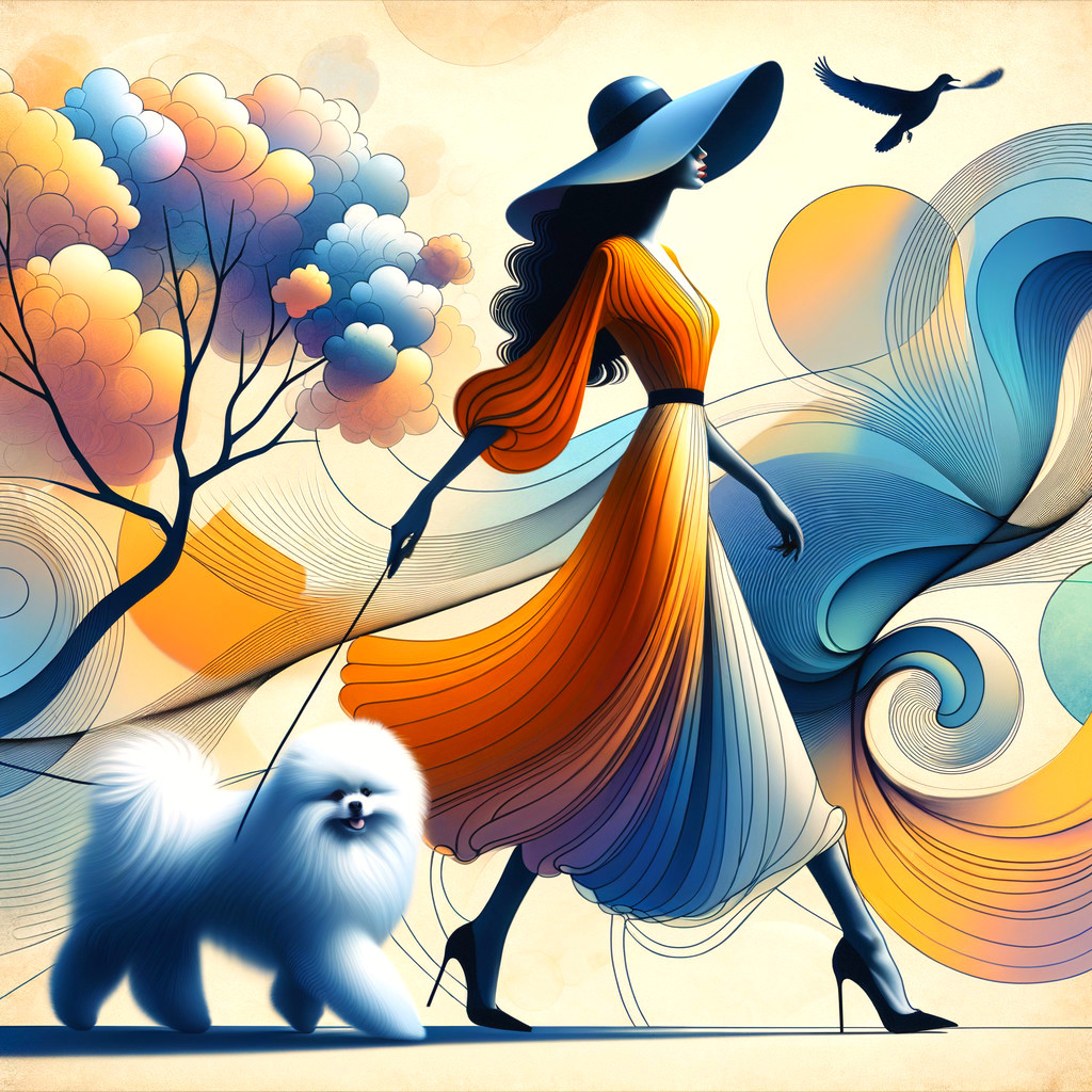 Stylish Woman in Multicolored Dress with Fluffy Dog