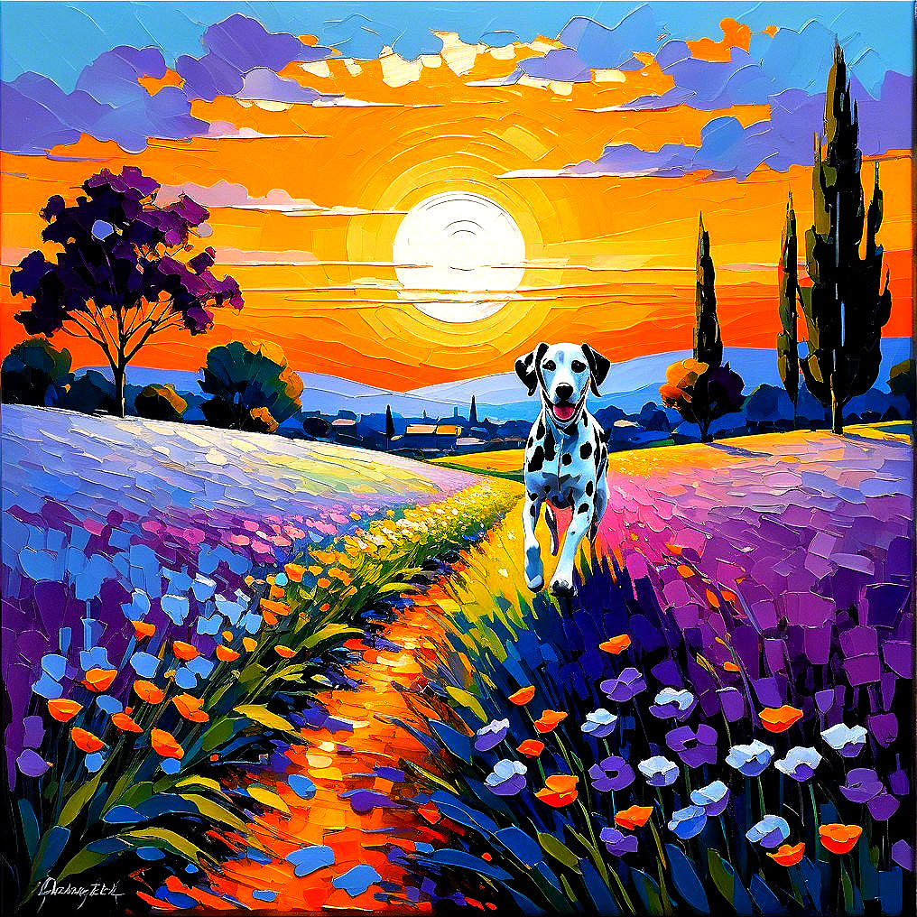 Vibrant sunset landscape with Dalmatian in flowers