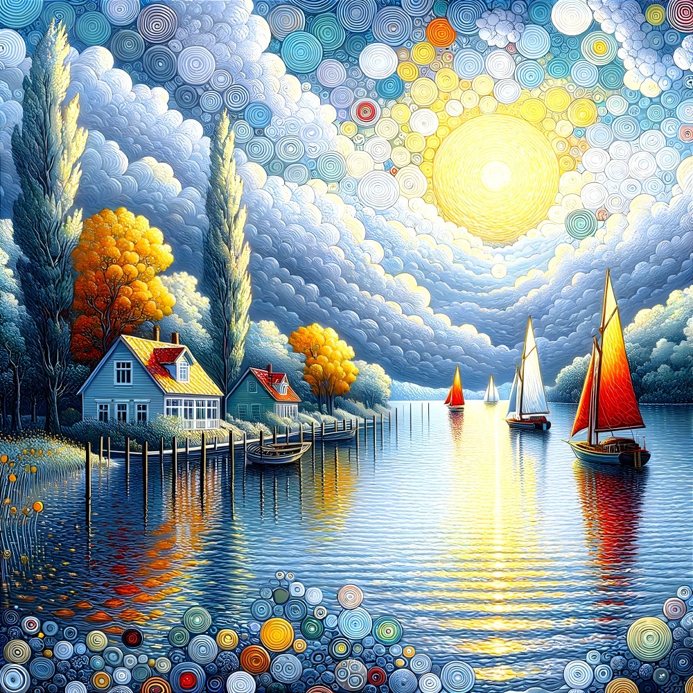 Tranquil Lakeside Sunset with Colorful Sailboats