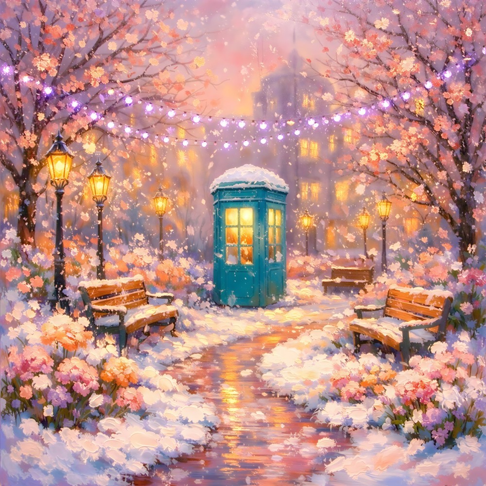 Winter Park Scene with Cherry Trees and Phone Booth