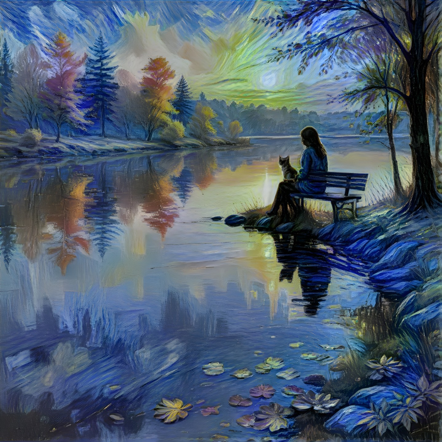 Twilight Scene at a Tranquil Lake with Autumn Foliage