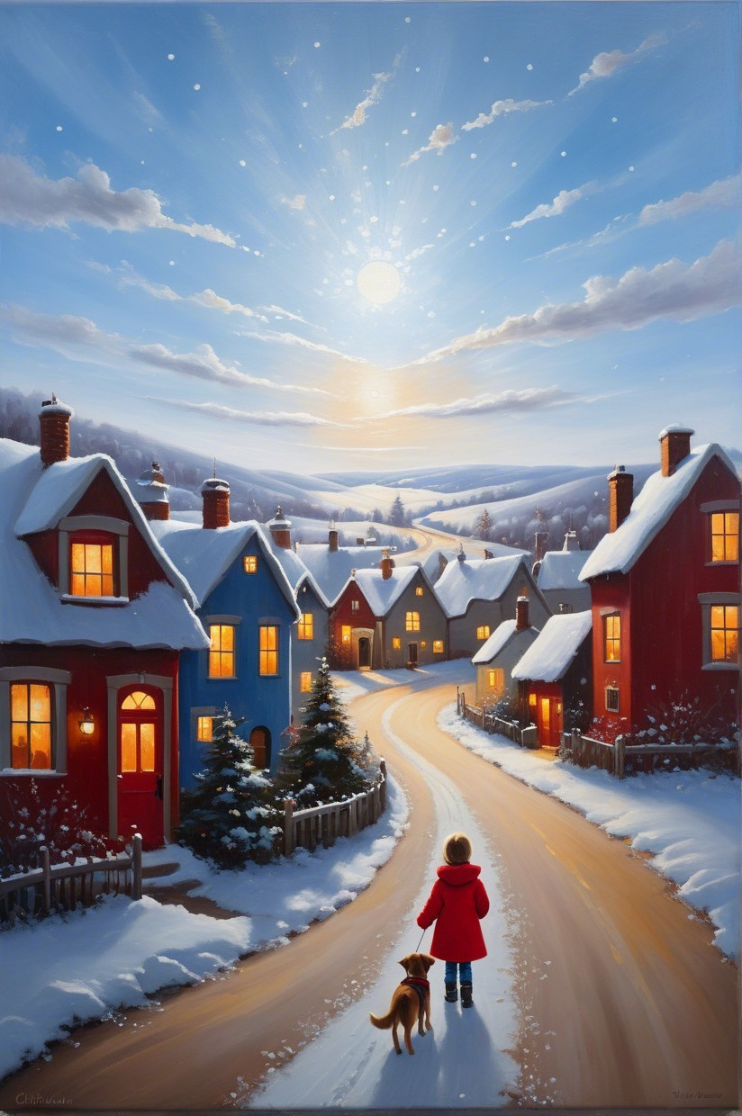 Winter Village Scene with Snow and Moonlit Landscape