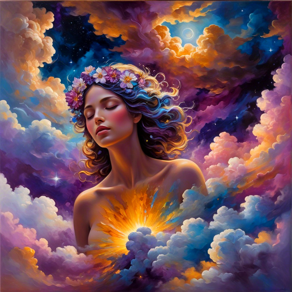 Ethereal Woman with Floral Crown in Surreal Sky