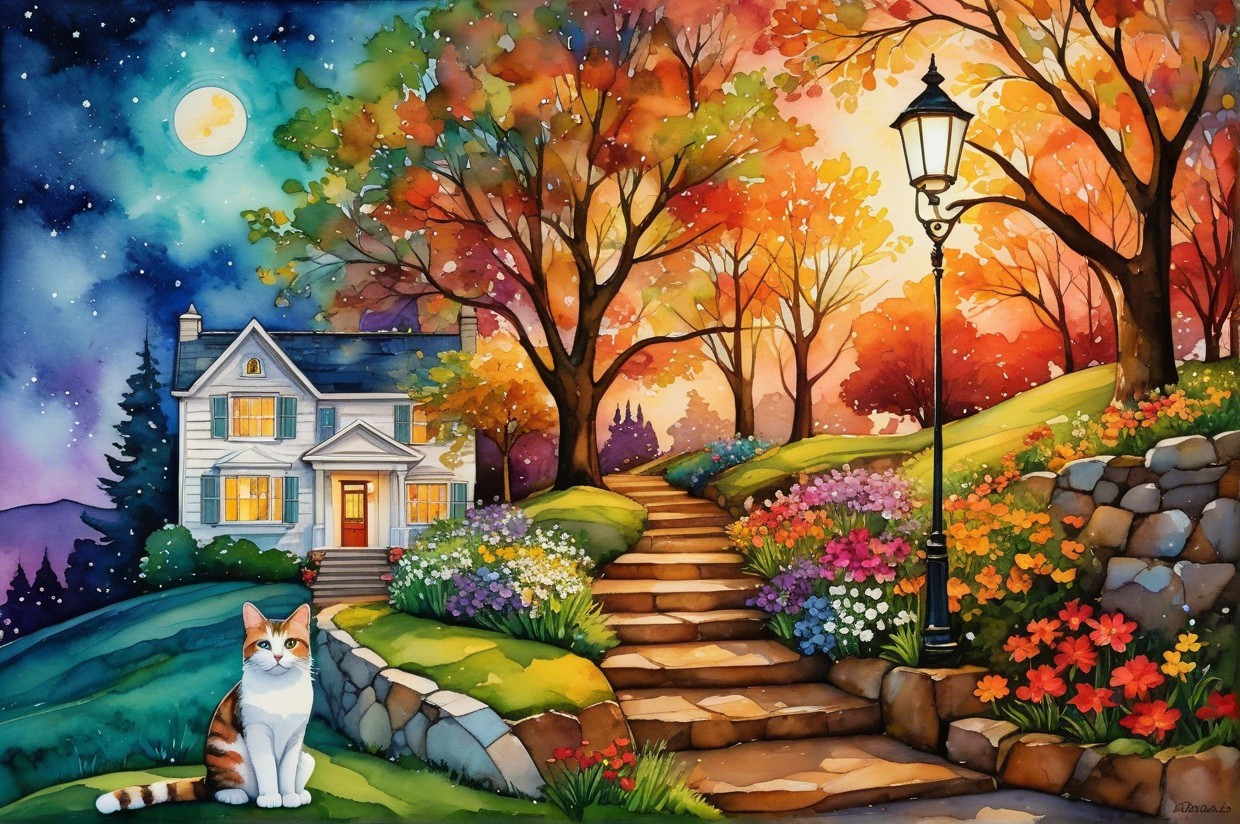 Autumn Scene with White House and Vibrant Trees