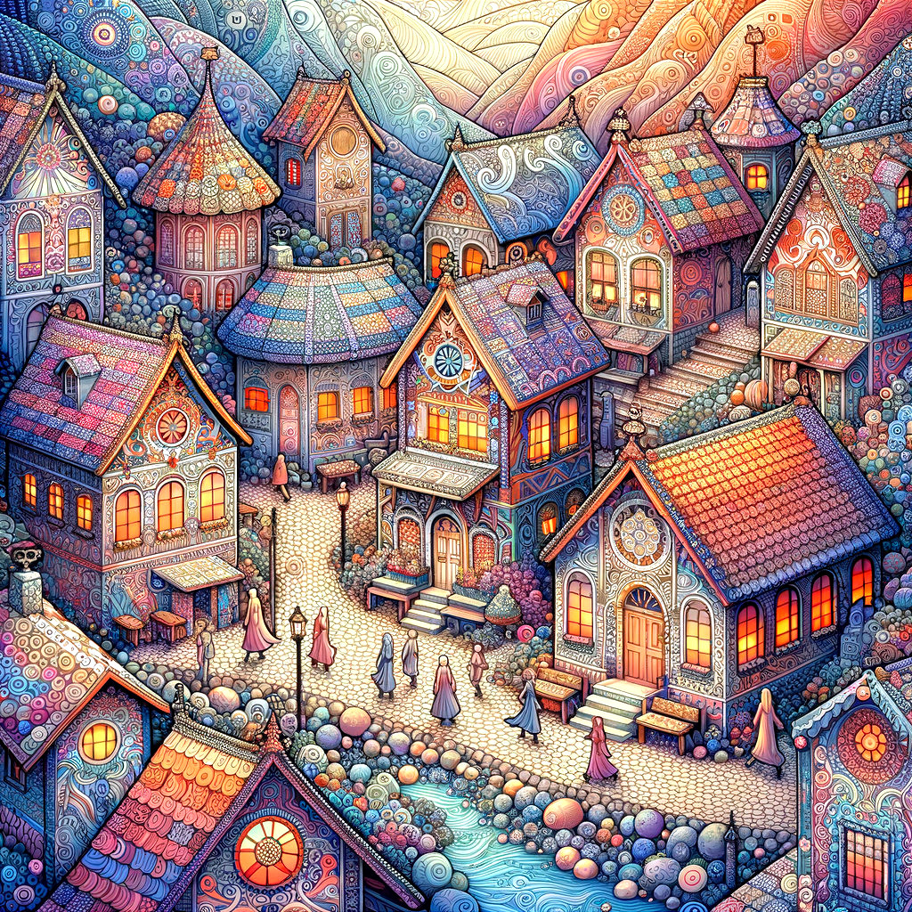 Whimsical village with colorful houses and pathways
