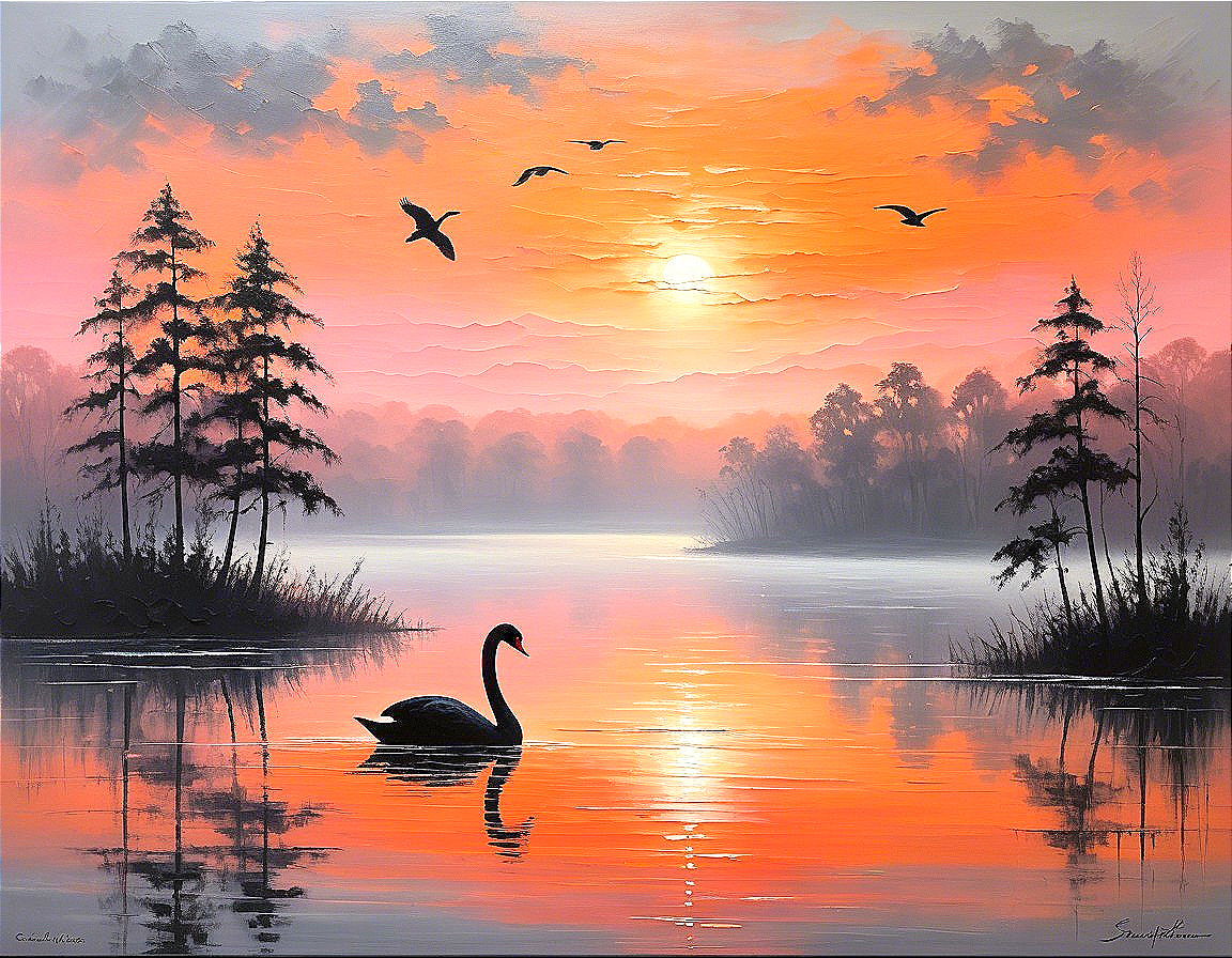 Serene Sunset Landscape with Tranquil Lake and Swan