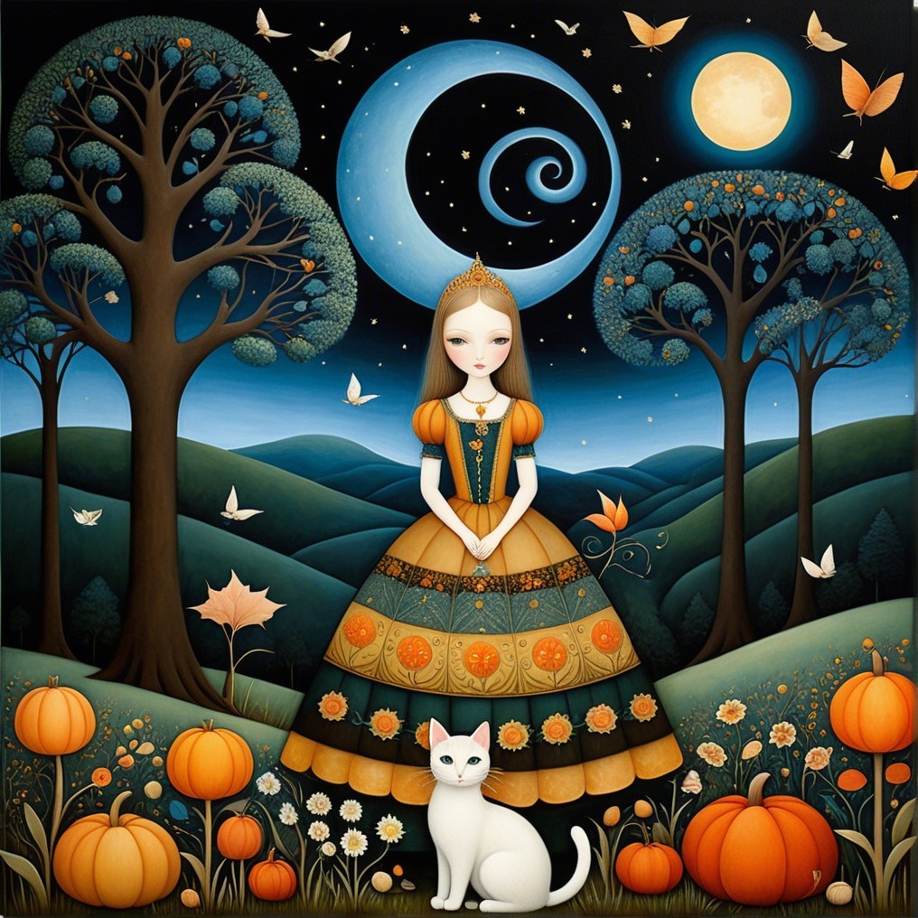 Whimsical Night Scene with Girl in Golden Dress