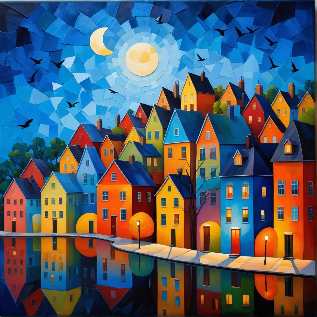 Colorful Landscape of a Whimsical Town at Night