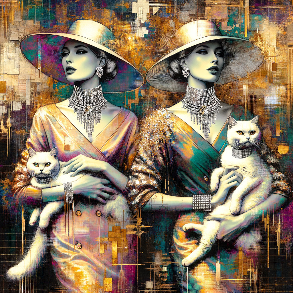 Elegant Women with White Cat in Vibrant Abstract Art