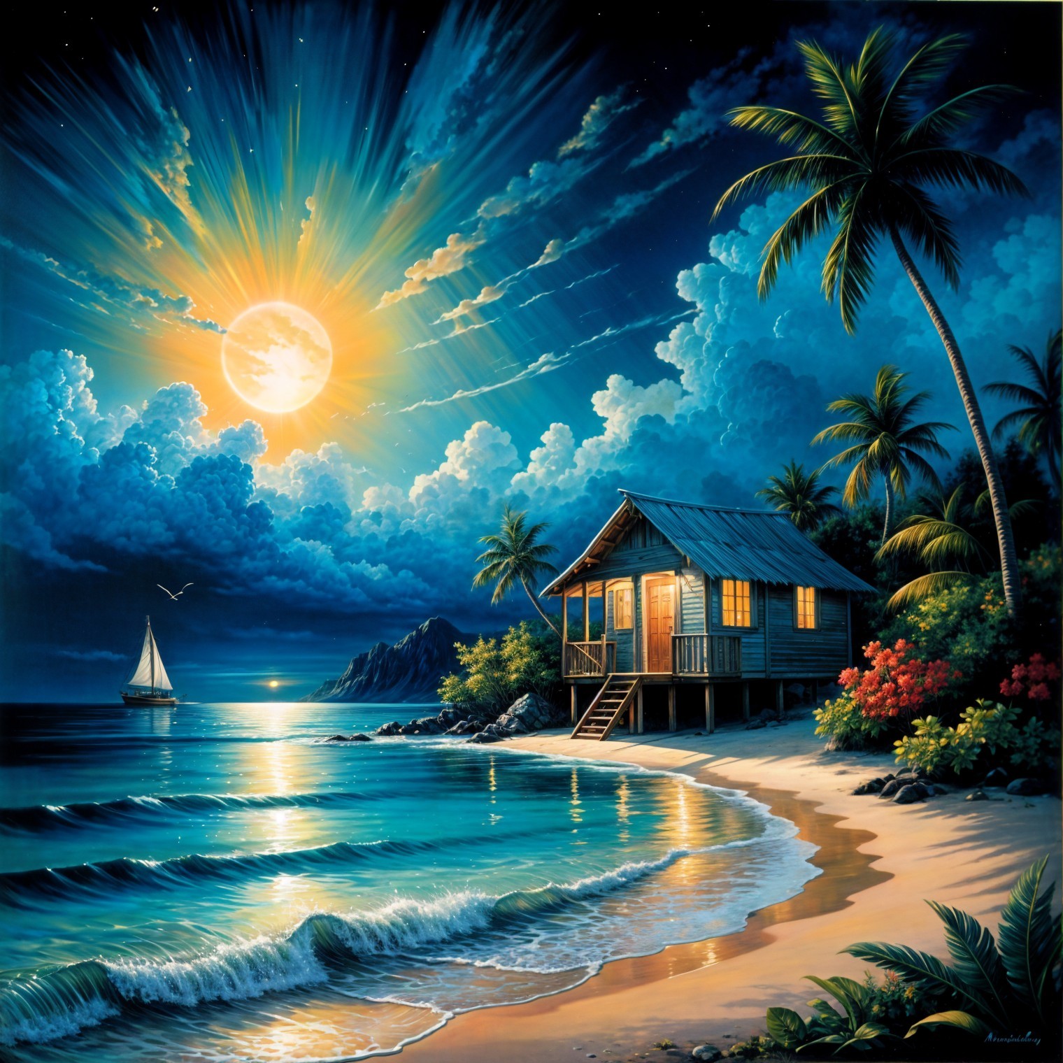 Twilight Beach Scene with Cabin and Sailboat