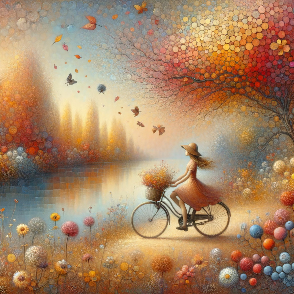 Serene Landscape with Woman Cycling by a River