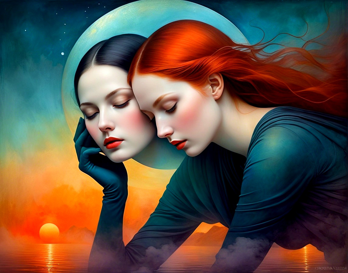 Surreal Landscape with Two Women and a Luminous Moon