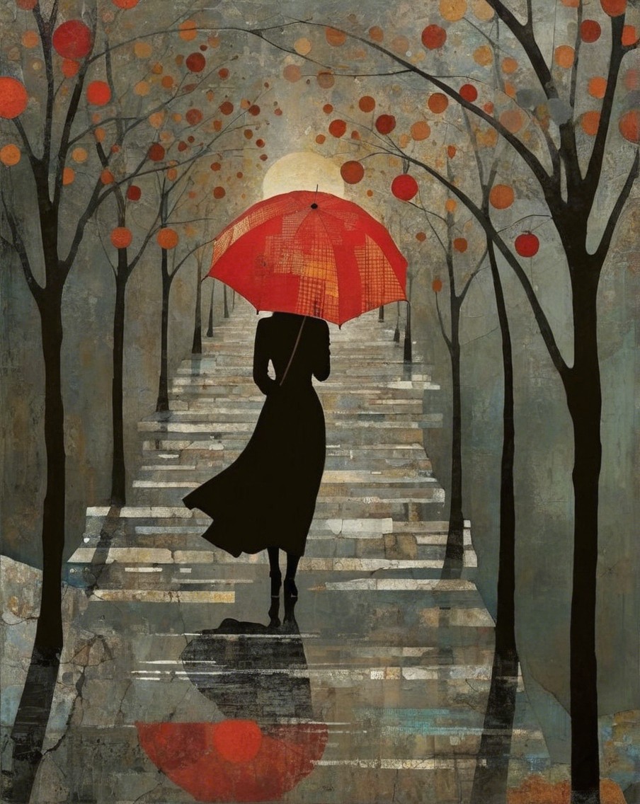 Silhouette of Woman with Red Umbrella on Staircase