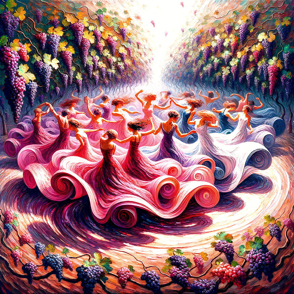 Joyful Dancers in Colorful Dresses Among Grape Vines