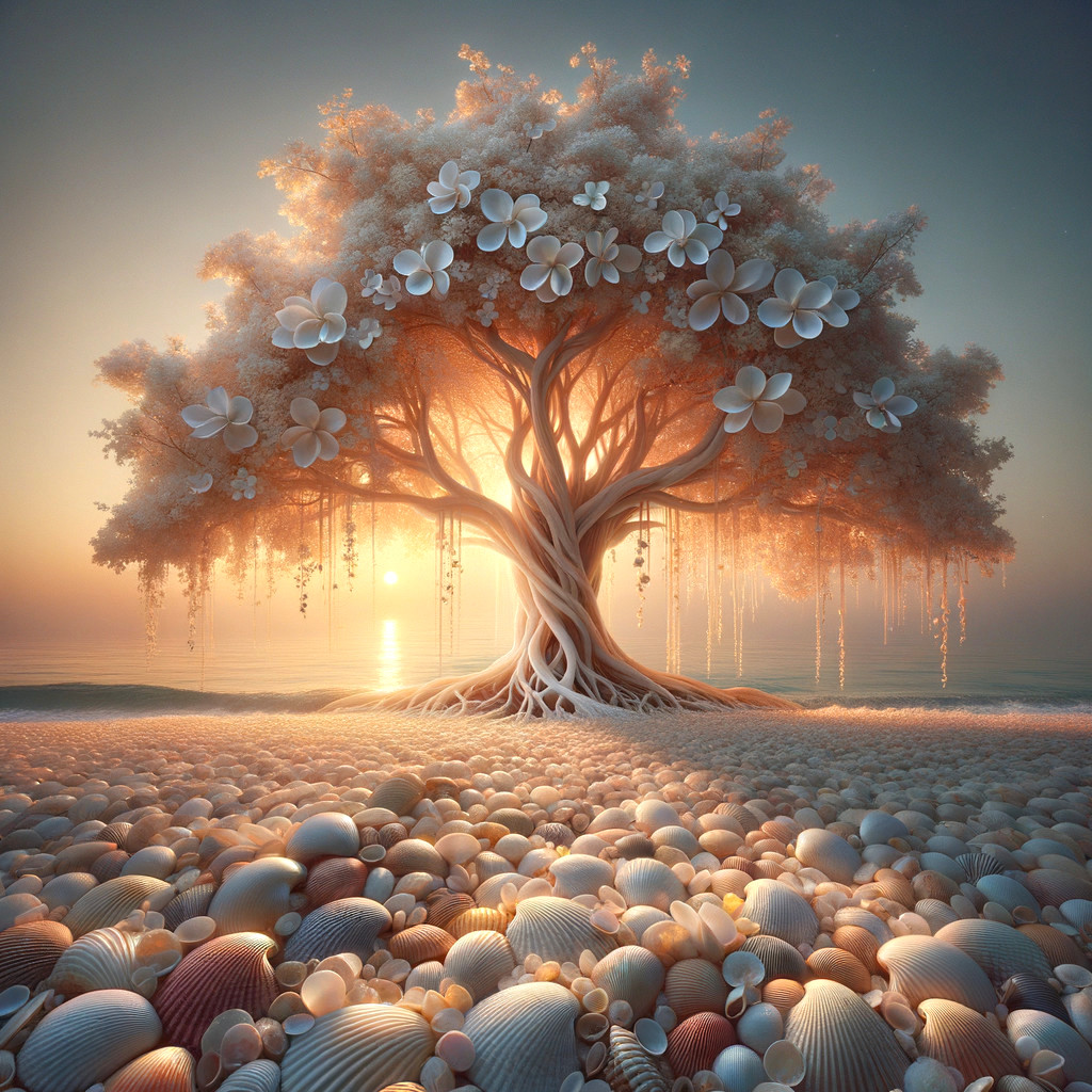 Surreal Scene of Majestic Tree and Sunset Beach