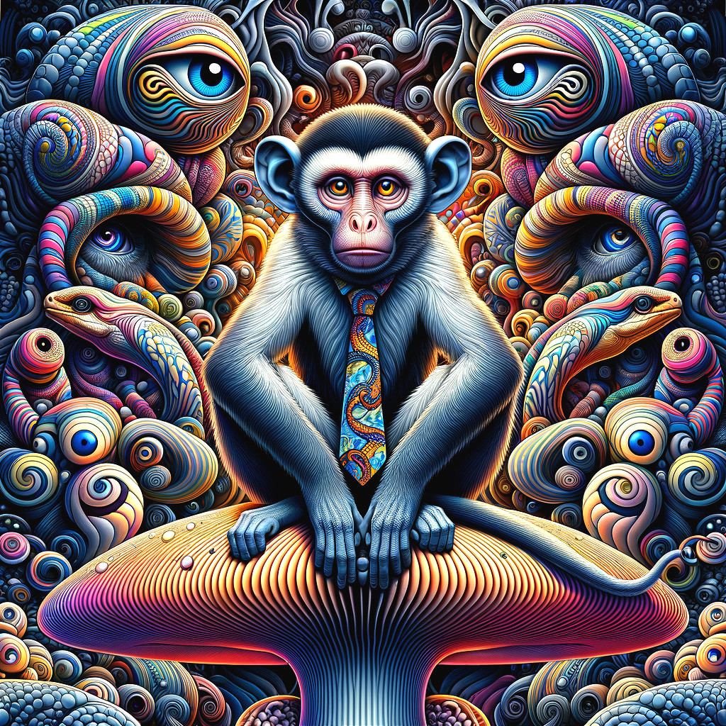 Whimsical Monkey Illustration on Colorful Mushroom