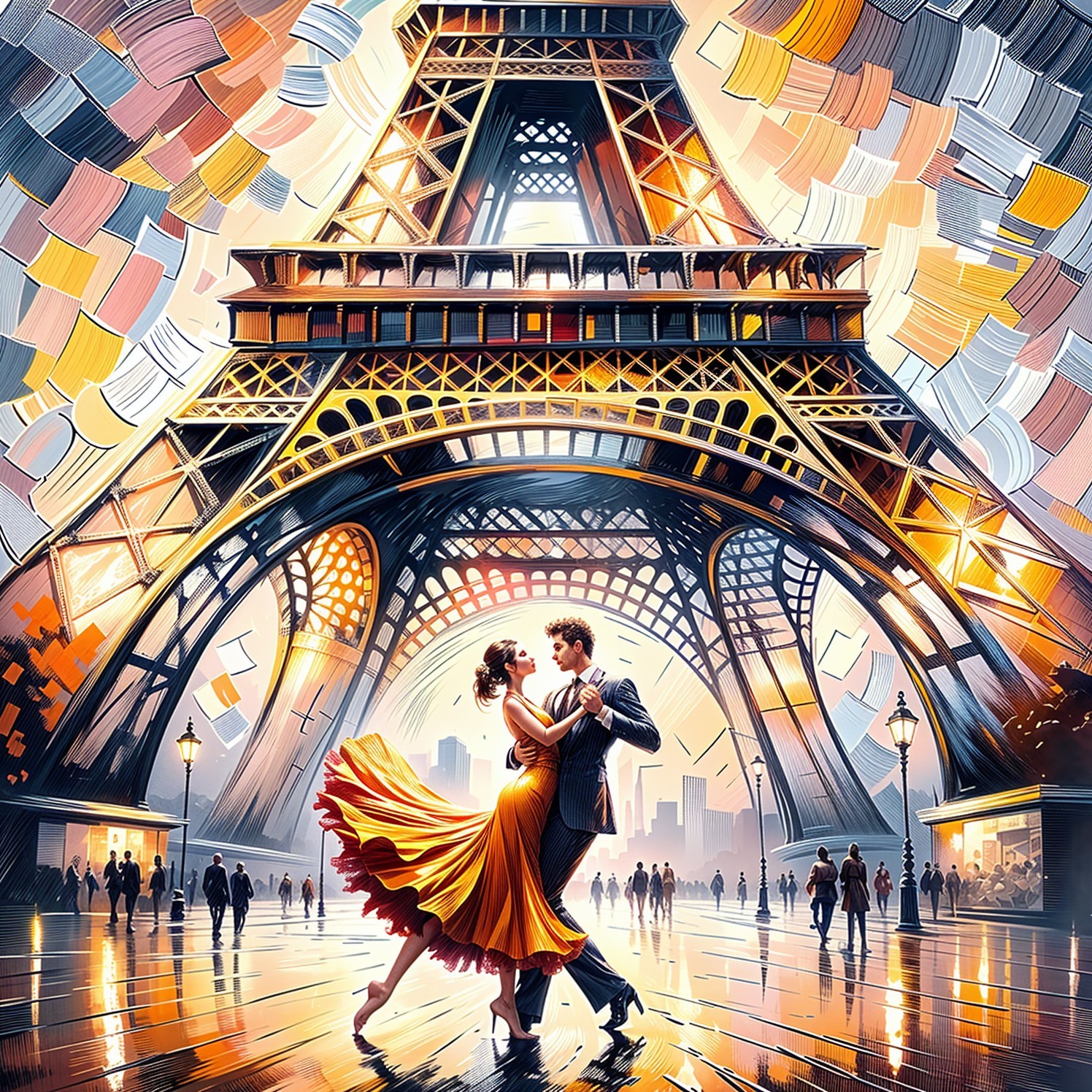 Couple Dancing Under Eiffel Tower in Vibrant Scene