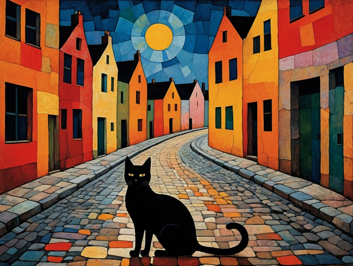 Colorful Street Scene with Vibrant Houses and Cat