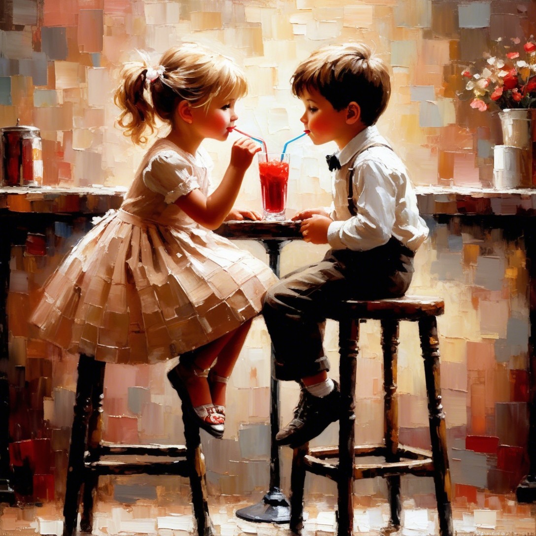 Impressionistic Oil Painting of Two Children at Bar Counter