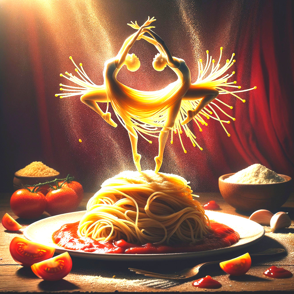 Dancers Posed on Spaghetti with Culinary Elements