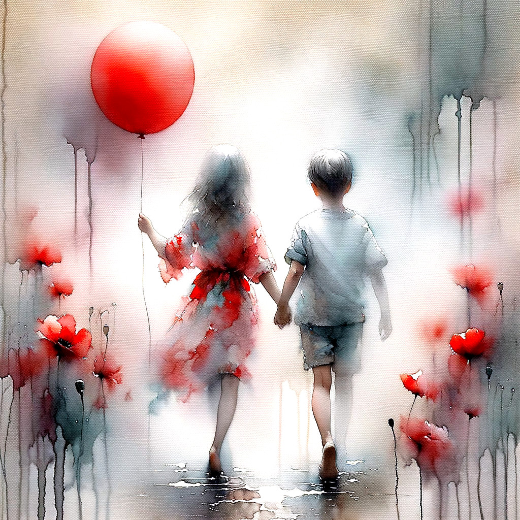 Children in a Dreamy Landscape with Flowers and Balloons