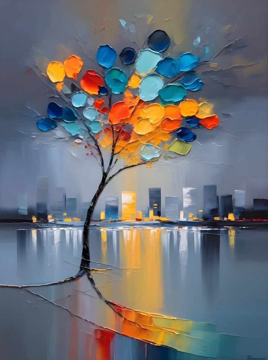 Modern Cityscape Oil Painting with Vibrant Tree Foliage