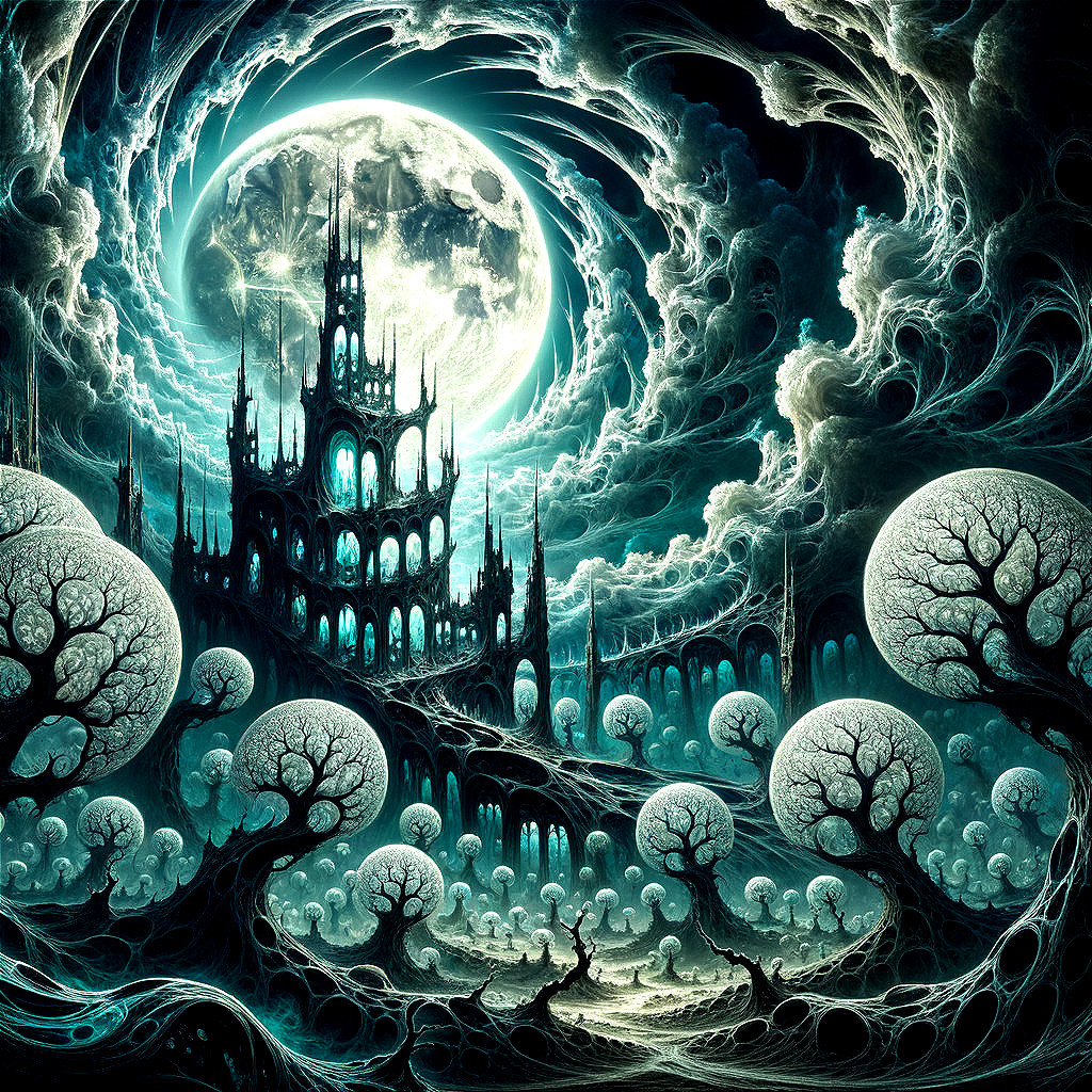 Surreal Gothic Castle in Luminescent Mist and Clouds
