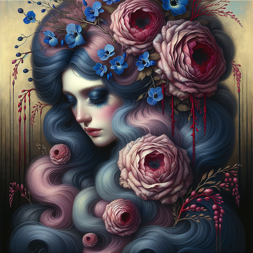 Portrait of a woman with blue hair and floral accents