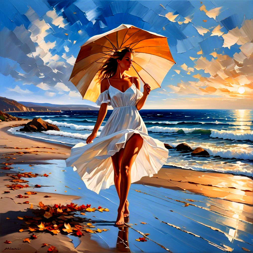 Woman with yellow umbrella on serene sunset beach