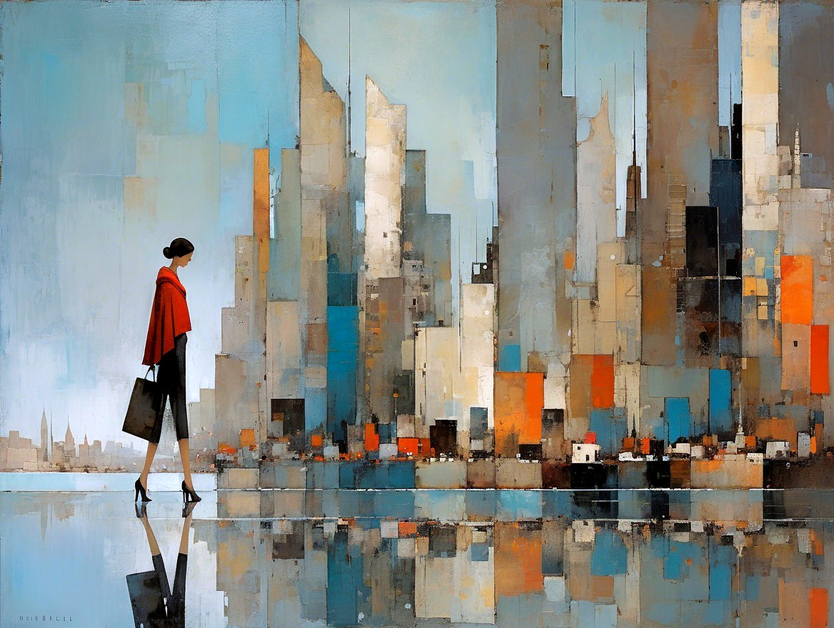 Silhouetted Woman in Red Shawl Against City Skyline