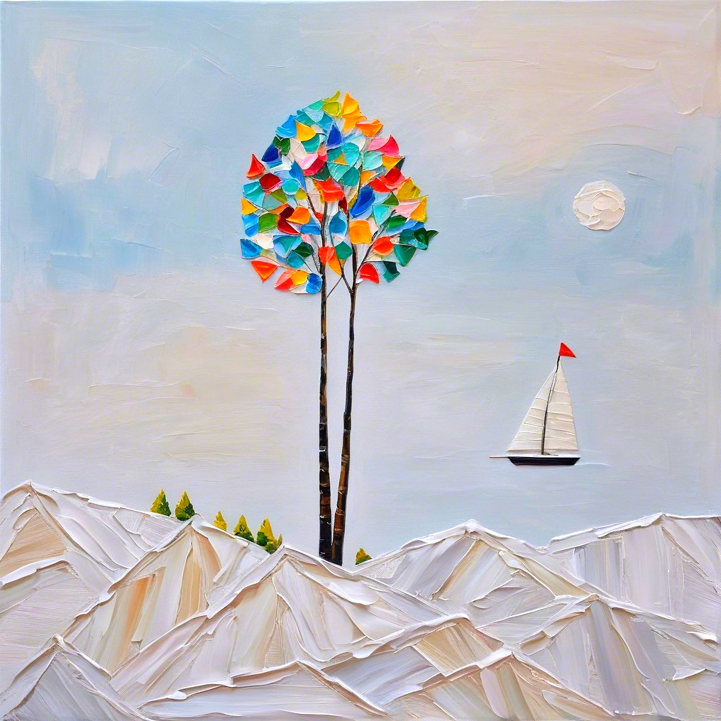 Serene Landscape with Colorful Tree and Mountains
