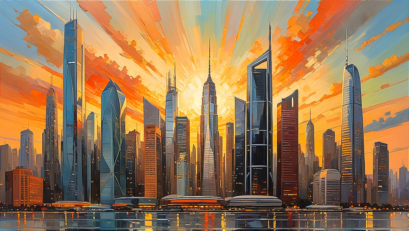 Vibrant City Skyline at Sunset with Reflective Water