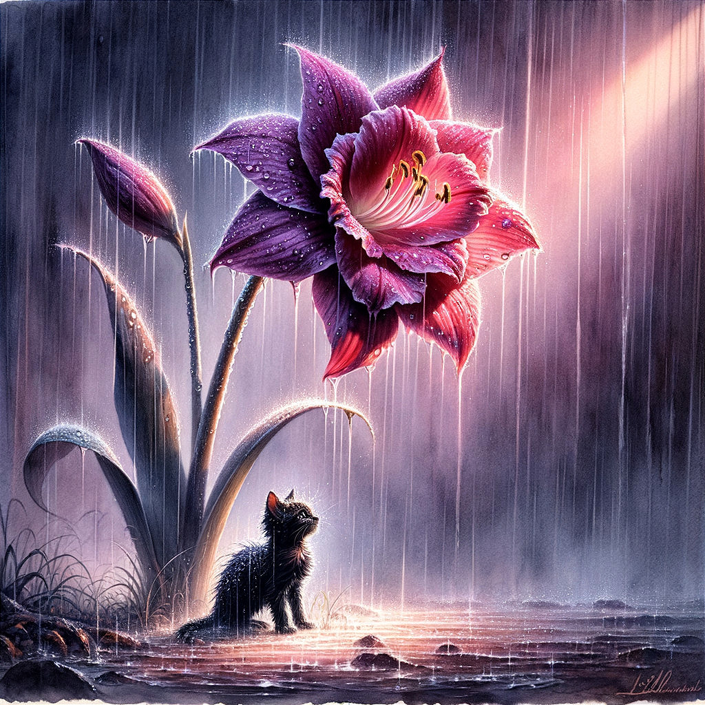 Black Cat and Pink Flower in Gentle Rain Scene