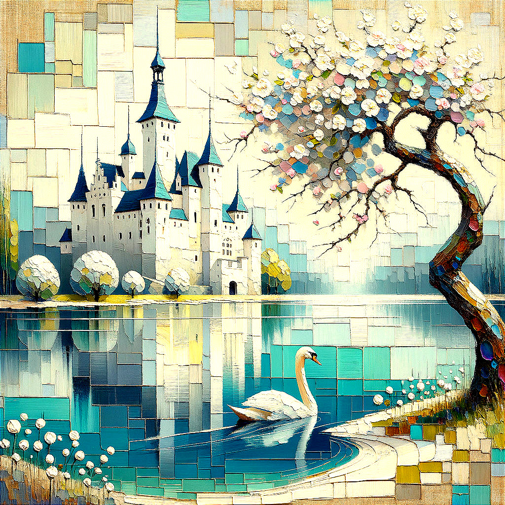 Majestic castle landscape with swan and blooming flowers